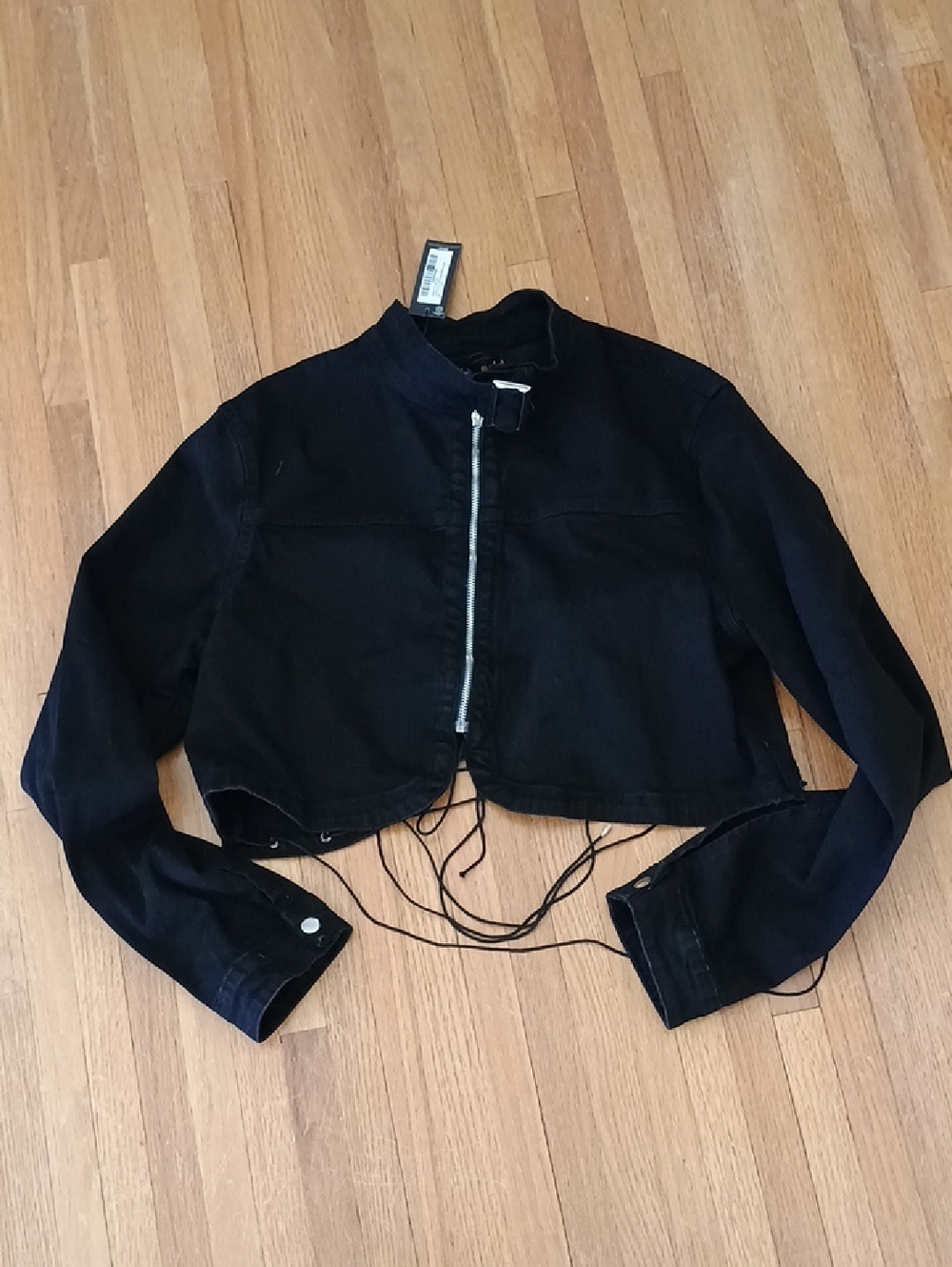 PrettyLittleThing Black Cropped Denim Zip Jacket Drawstring Back